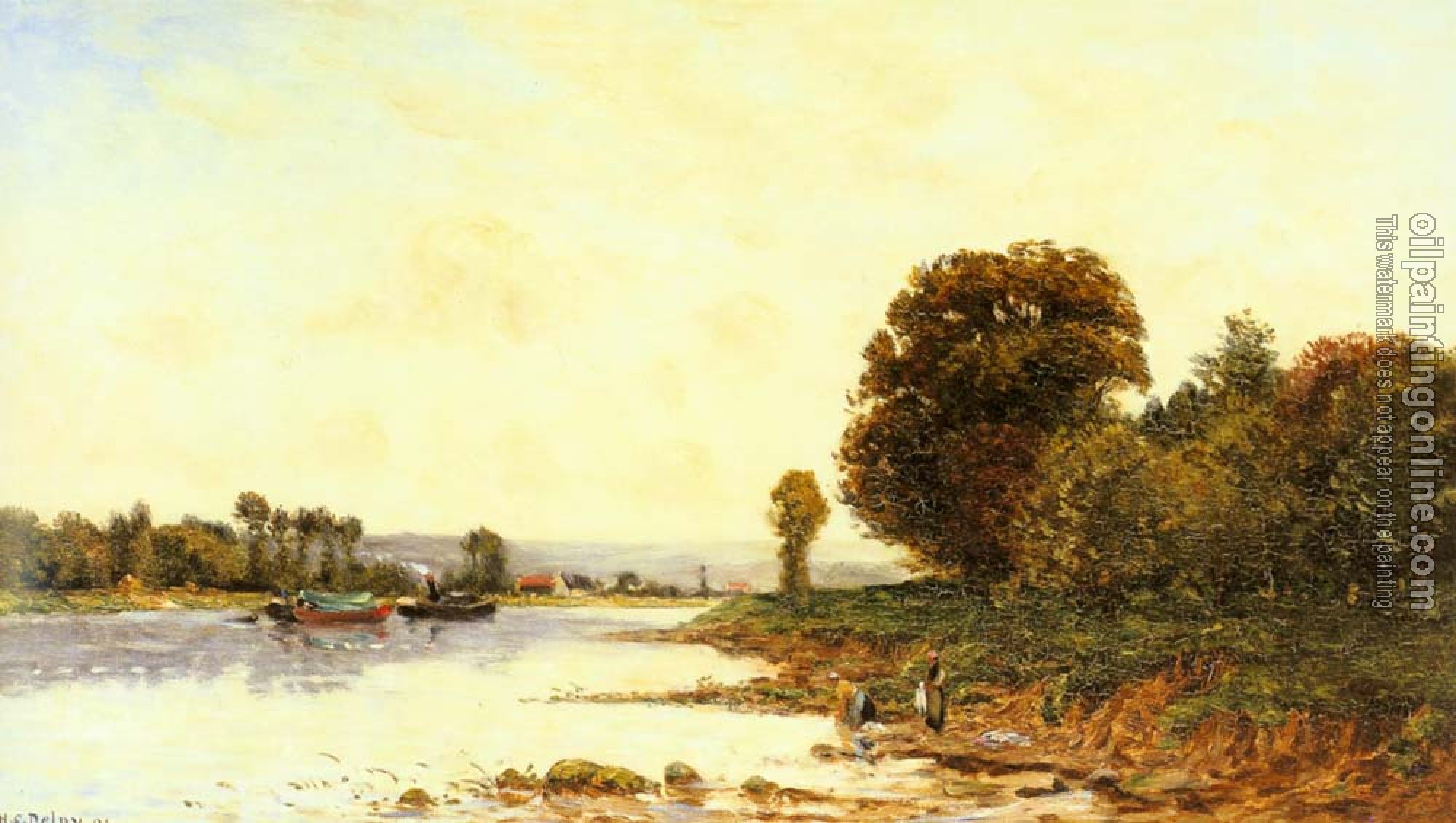 Delpy, Hippolyte Camille - Washerwomen in a River Landscape with Steamboats beyond